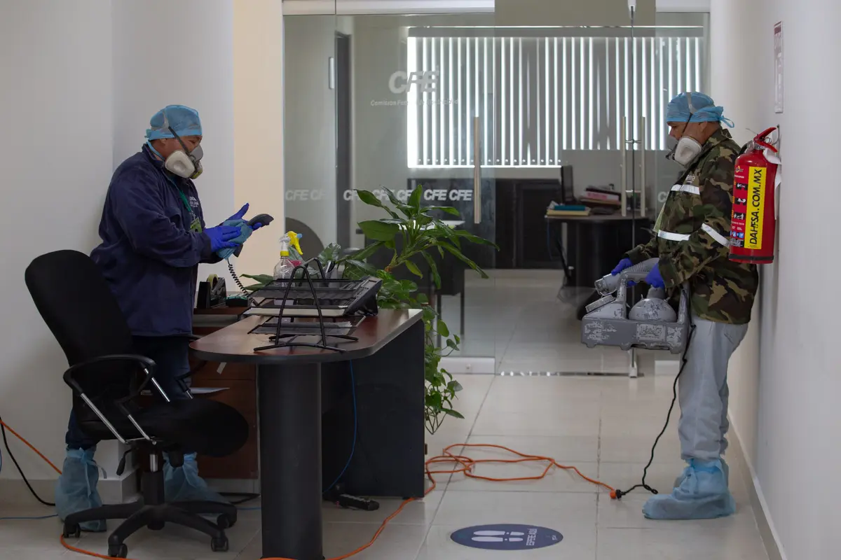 Técnico de Rodica aplicando tratamiento en un área de escritorios